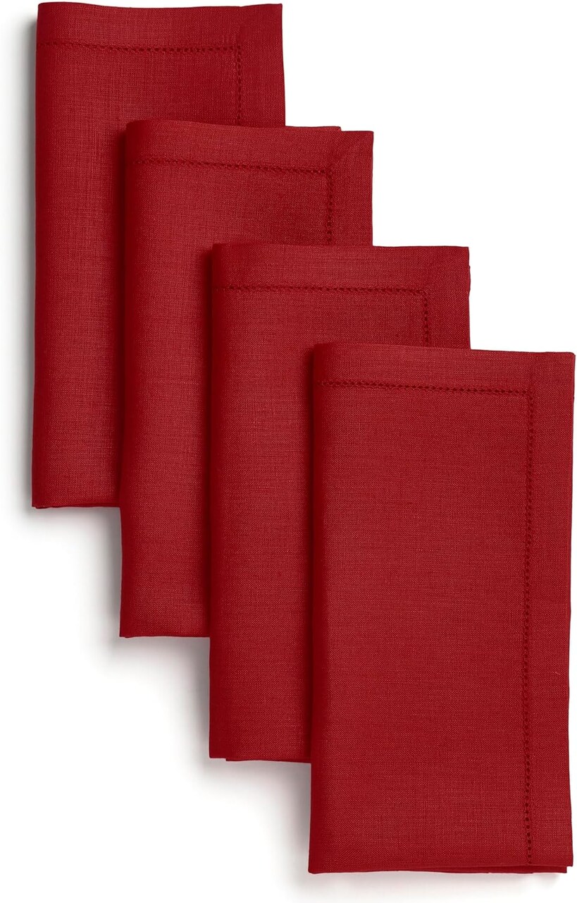 Set of 4 Red Linen Dinner Napkins, 20×20 in, Hemstitch, Machine Washable